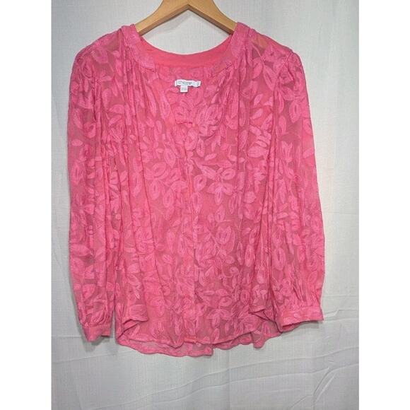 Chicos Women's Pink Floral Embroidered Blouse Sz 3(16) Boho Peasant Semi Sheer - Picture 1 of 8